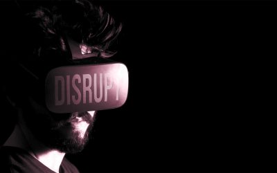 man wearing a vr glass showing a large "DISRUPT" text on the vr glass, black background