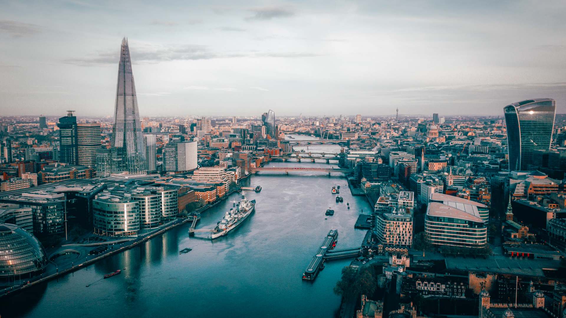 aerial view of london on a photographic scenery on bluish bland filter